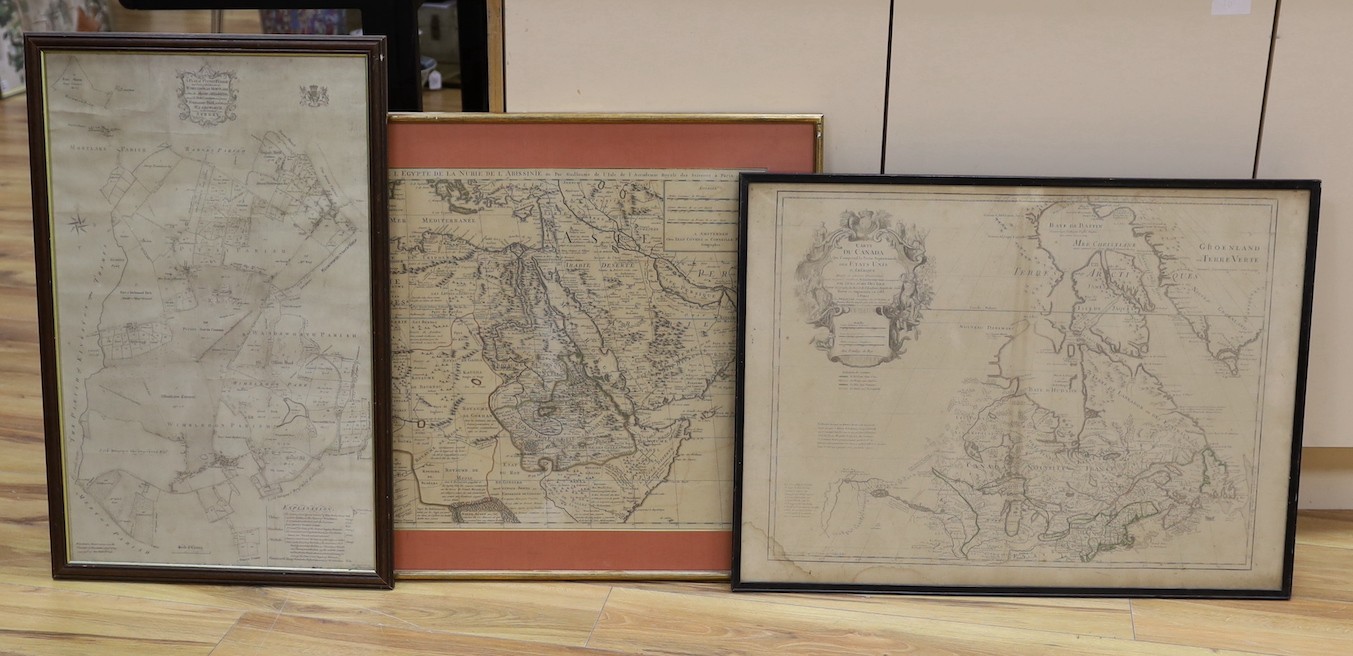 Covens and Mortier, coloured engraving, Carte de L'Egypte ..., 49 x 57cm, a Guillaume de L'Isle map of Canada, 54 x 73cm and a reprint plan of Putney Parish, 1787, 69 x 42cm